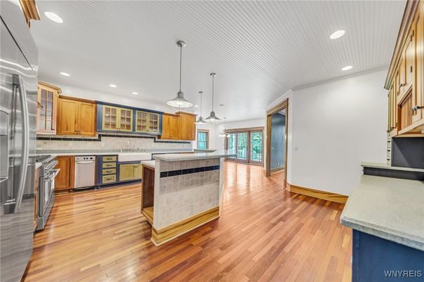 Interior, Kitchen, Pendant Lights, Recessed Lighting, Stainless Steel Appliances, Wood Texture Flooring
