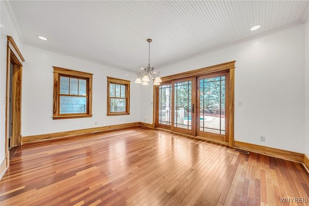 Chandelier, Empty room, Interior, Pendant Lights, Recessed Lighting, Wood Texture Flooring