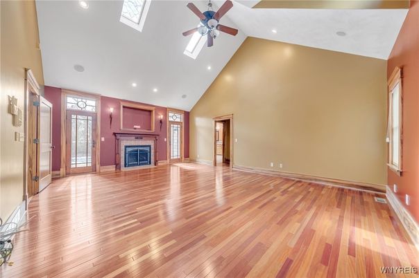 Empty room, Fireplace, Interior, Recessed Lighting, Wood Texture Flooring