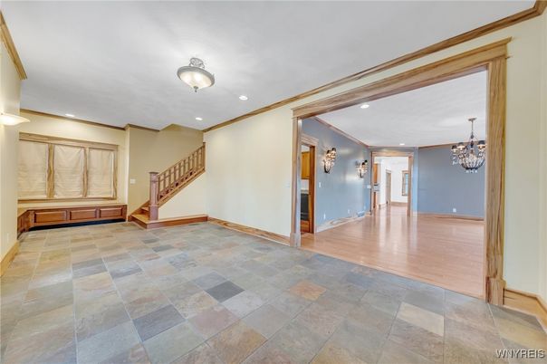 Chandelier, Empty room, Interior, Recessed Lighting, Wood Texture Flooring