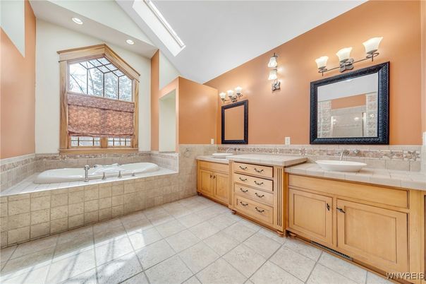 Bathroom, Dual Sink Vanities, Interior, Recessed Lighting, Tile Countertops