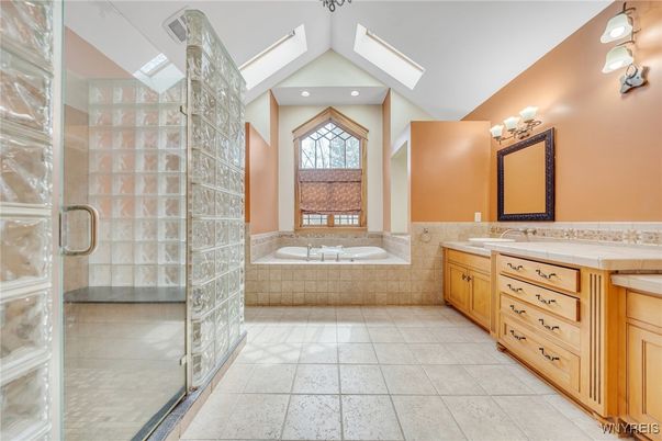 Bathroom, Dual Sink Vanities, Glass Shower, Interior, Recessed Lighting, Tile Countertops