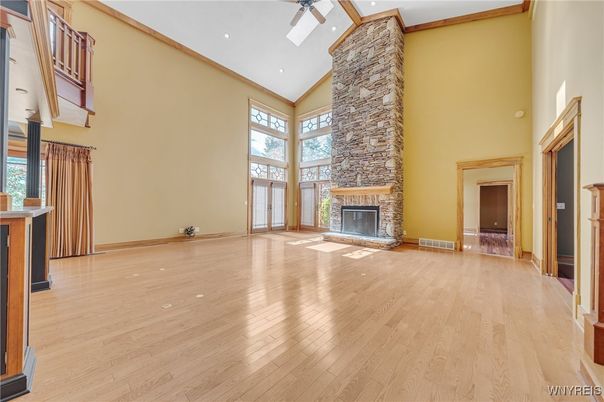 Empty room, Fireplace, Interior, Recessed Lighting, Wood Texture Flooring