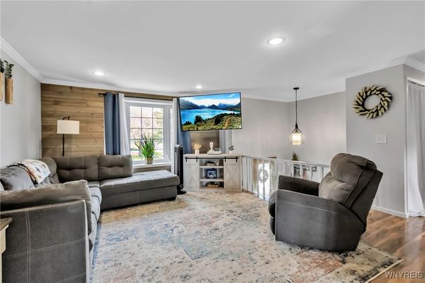 Interior, Living room, Pendant Lights, Recessed Lighting, Wood Texture Flooring, Wooden Walls