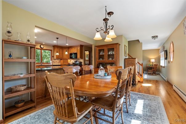 Dining room, Interior, Kitchen, Pendant Lights, Wood Texture Flooring