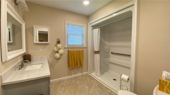 Bathroom, Interior, Recessed Lighting, Wood Texture Flooring