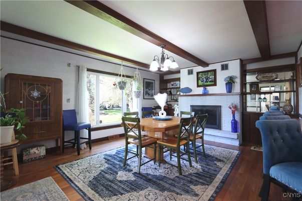 Chandelier, Dining room, Fireplace, Interior, Pendant Lights, Wooden Beams, Wood Texture Flooring