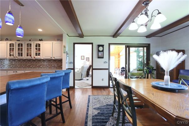 Dining room, Interior, Kitchen, Pendant Lights, Recessed Lighting, Wood Texture Flooring