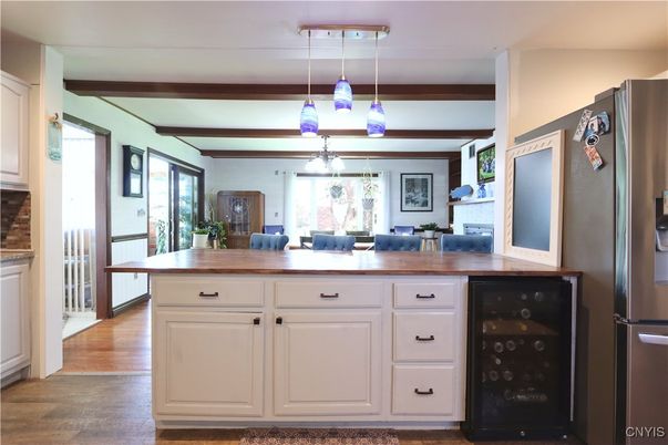 Dining room, Interior, Kitchen, Pendant Lights, Wooden Beams, Wood Texture Flooring