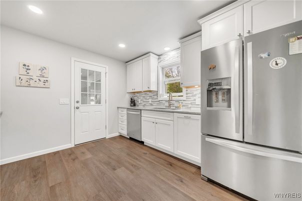 Interior, Kitchen, Recessed Lighting, Stainless Steel Appliances, Wood Texture Flooring