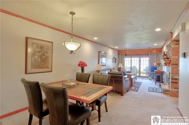 Dining room, Fireplace, Interior, Living room, Pendant Lights, Recessed Lighting, Stone Walls