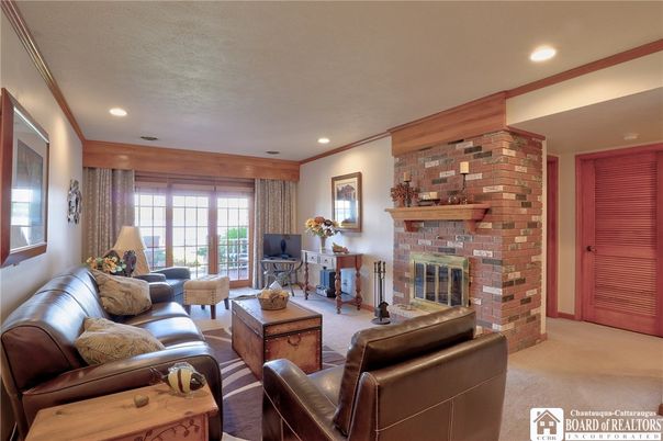 Fireplace, Interior, Living room, Recessed Lighting, Stone Walls
