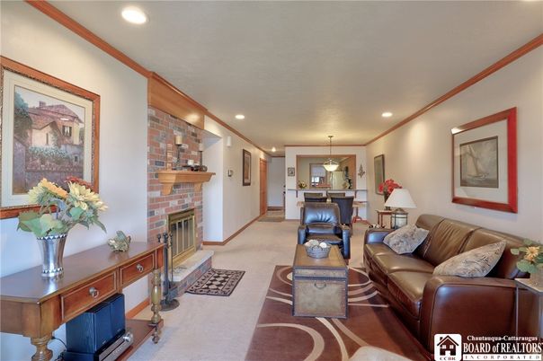 Fireplace, Interior, Living room, Pendant Lights, Recessed Lighting, Stone Walls