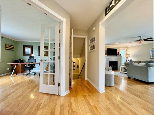 Fireplace, Home Office, Interior, Living room, Recessed Lighting, Wood Texture Flooring