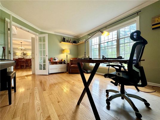 Chandelier, Home Office, Interior, Wood Texture Flooring