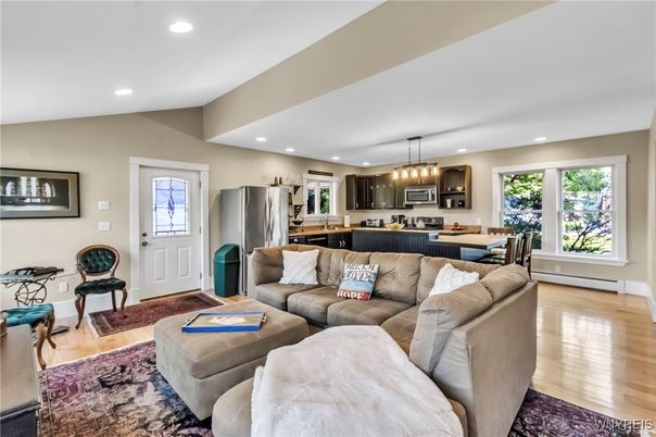 Dining room, Interior, Kitchen, Living room, Pendant Lights, Recessed Lighting, Stainless Steel Appliances, Wood Texture Flooring