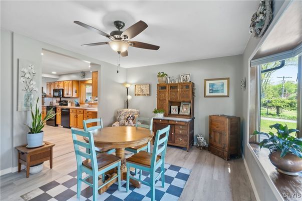 Dining room, Interior, Kitchen, Recessed Lighting, Stainless Steel Appliances, Wood Texture Flooring