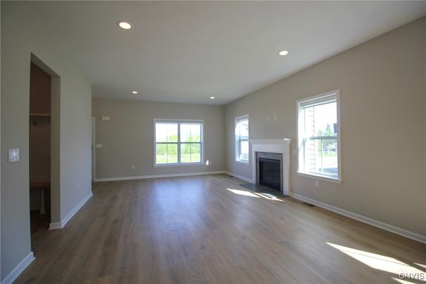 Empty room, Fireplace, Interior, Recessed Lighting, Wood Texture Flooring