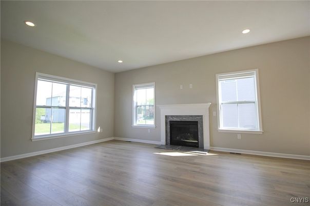 Empty room, Fireplace, Interior, Recessed Lighting, Wood Texture Flooring