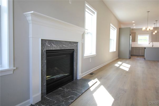 Fireplace, Interior, Kitchen, Pendant Lights, Recessed Lighting, Wood Texture Flooring