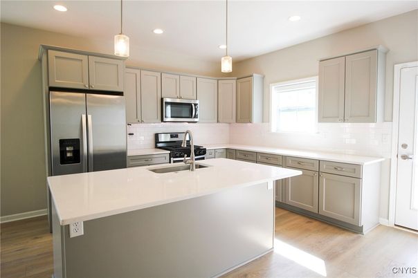 Interior, Kitchen, Pendant Lights, Recessed Lighting, Stainless Steel Appliances, Wood Texture Flooring