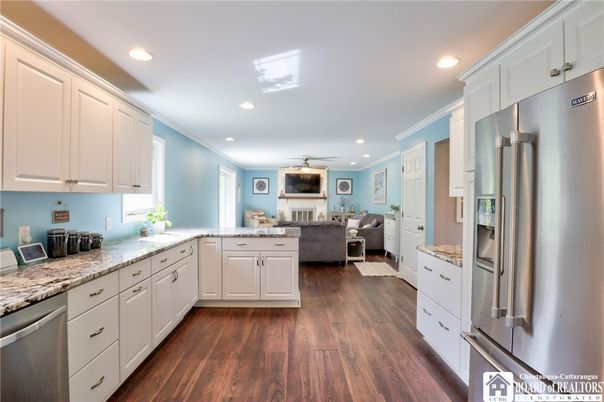 Interior, Kitchen, Living room, Recessed Lighting, Stainless Steel Appliances, Wood Texture Flooring