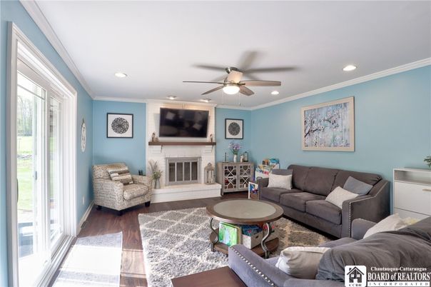 Fireplace, Interior, Living room, Recessed Lighting, Wood Texture Flooring