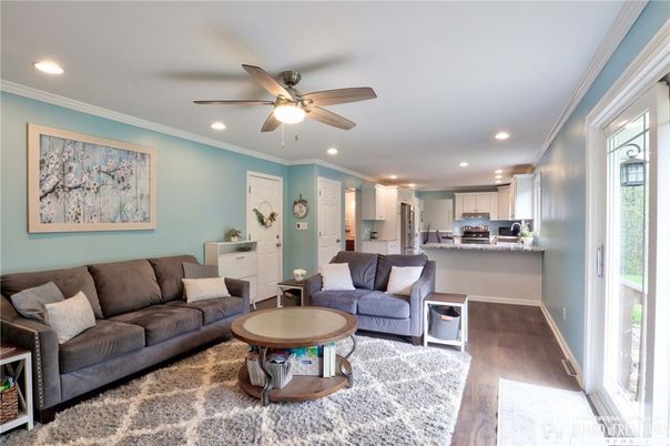 Interior, Kitchen, Living room, Recessed Lighting, Stainless Steel Appliances, Wood Texture Flooring