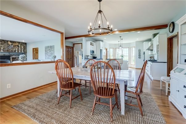 Chandelier, Dining room, Interior, Kitchen, Pendant Lights, Recessed Lighting, Wood Texture Flooring