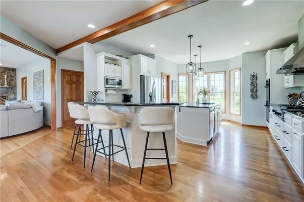 Interior, Kitchen, Pendant Lights, Recessed Lighting, Stainless Steel Appliances, Wooden Beams, Wood Texture Flooring