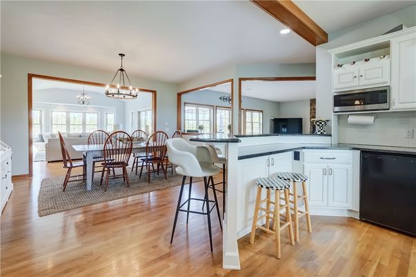 Chandelier, Dining room, Interior, Kitchen, Recessed Lighting, Wooden Beams, Wood Texture Flooring
