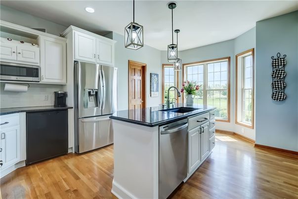 Interior, Kitchen, Pendant Lights, Recessed Lighting, Stainless Steel Appliances, Wood Texture Flooring