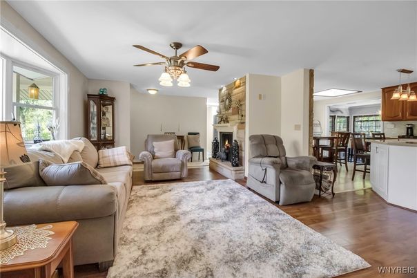 Dining room, Fireplace, Interior, Kitchen, Living room, Pendant Lights, Wood Texture Flooring