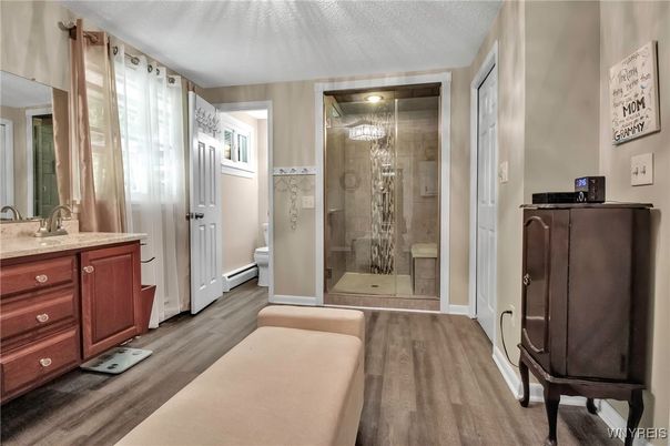 Bathroom, Glass Shower, Interior, Wood Texture Flooring