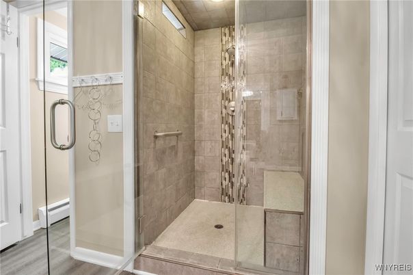 Bathroom, Glass Shower, Interior, Wood Texture Flooring