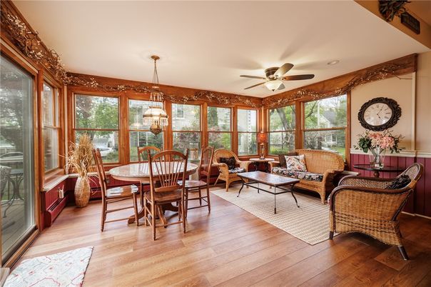 Dining room, Interior, Living room, Pendant Lights, Sun Room, Wood Texture Flooring