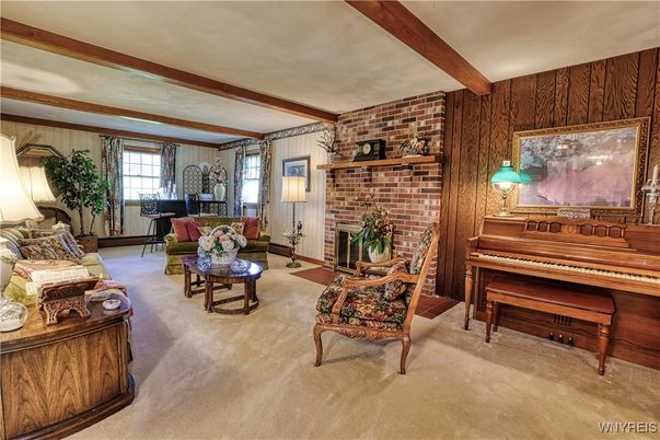 Fireplace, Interior, Living room, Piano, Stone Walls, Wooden Beams, Wooden Walls