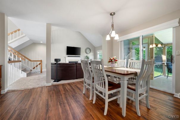 Dining room, Interior, Living room, Pendant Lights, Recessed Lighting, Wood Texture Flooring