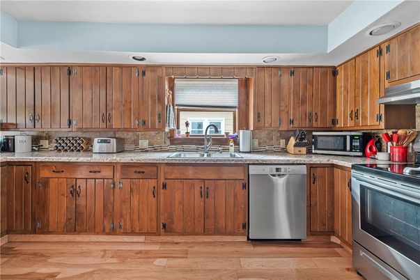 Interior, Kitchen, Recessed Lighting, Stainless Steel Appliances, Wood Texture Flooring