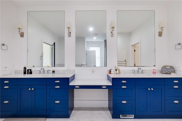 Bathroom, Dual Sink Vanities, Interior, Marble, Recessed Lighting