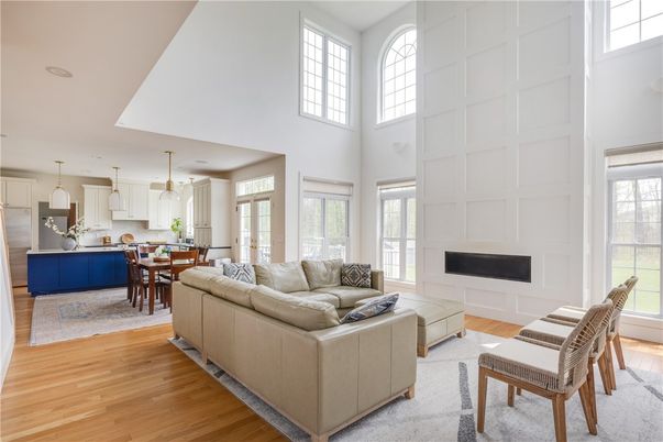 Dining room, Fireplace, Interior, Kitchen, Living room, Pendant Lights, Wood Texture Flooring