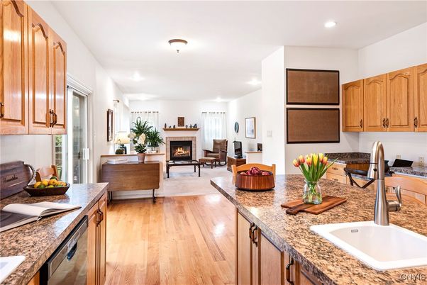 Fireplace, Interior, Kitchen, Living room, Recessed Lighting, Wood Texture Flooring
