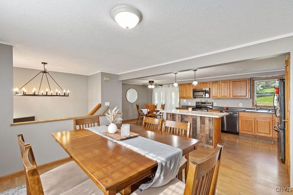 Dining room, Interior, Kitchen, Pendant Lights, Wood Texture Flooring