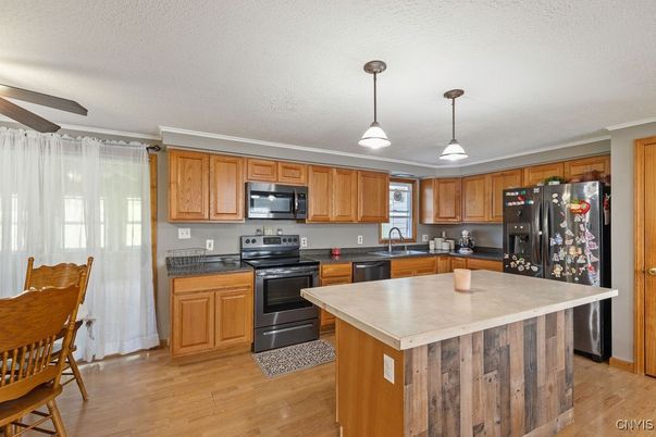 Interior, Kitchen, Pendant Lights, Wood Texture Flooring