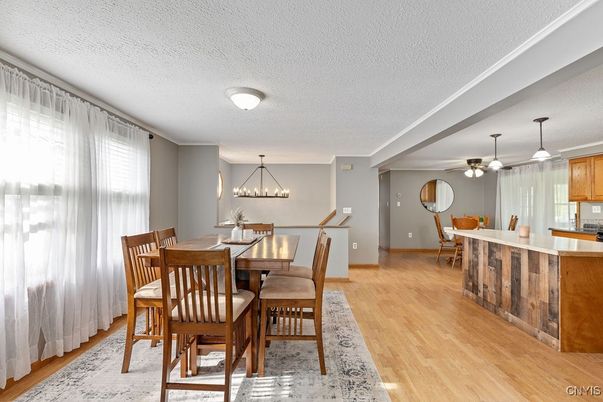 Dining room, Interior, Pendant Lights, Wood Texture Flooring