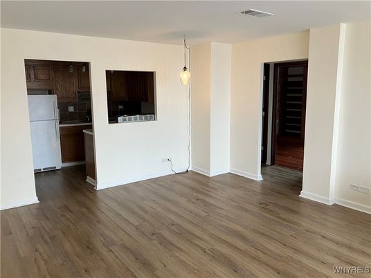 Empty room, Interior, Kitchen, Pendant Lights, Wood Texture Flooring