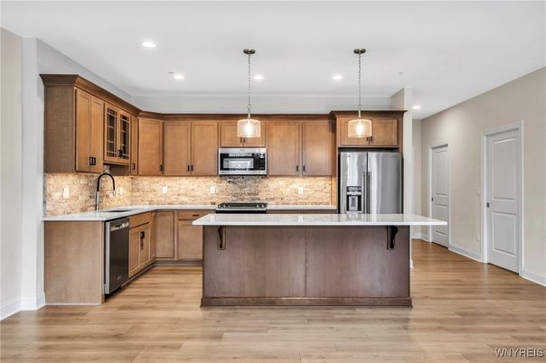 Interior, Kitchen, Pendant Lights, Recessed Lighting, Stainless Steel Appliances, Wood Texture Flooring