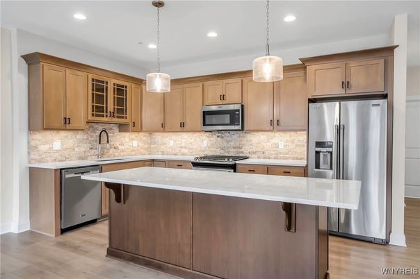Interior, Kitchen, Pendant Lights, Recessed Lighting, Stainless Steel Appliances, Wood Texture Flooring