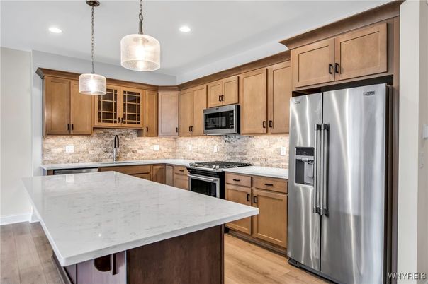 Interior, Kitchen, Pendant Lights, Recessed Lighting, Stainless Steel Appliances, Wood Texture Flooring
