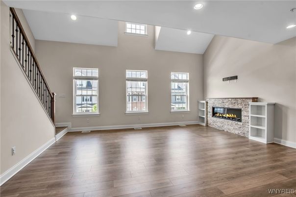 Empty room, Fireplace, Interior, Recessed Lighting, Wood Texture Flooring